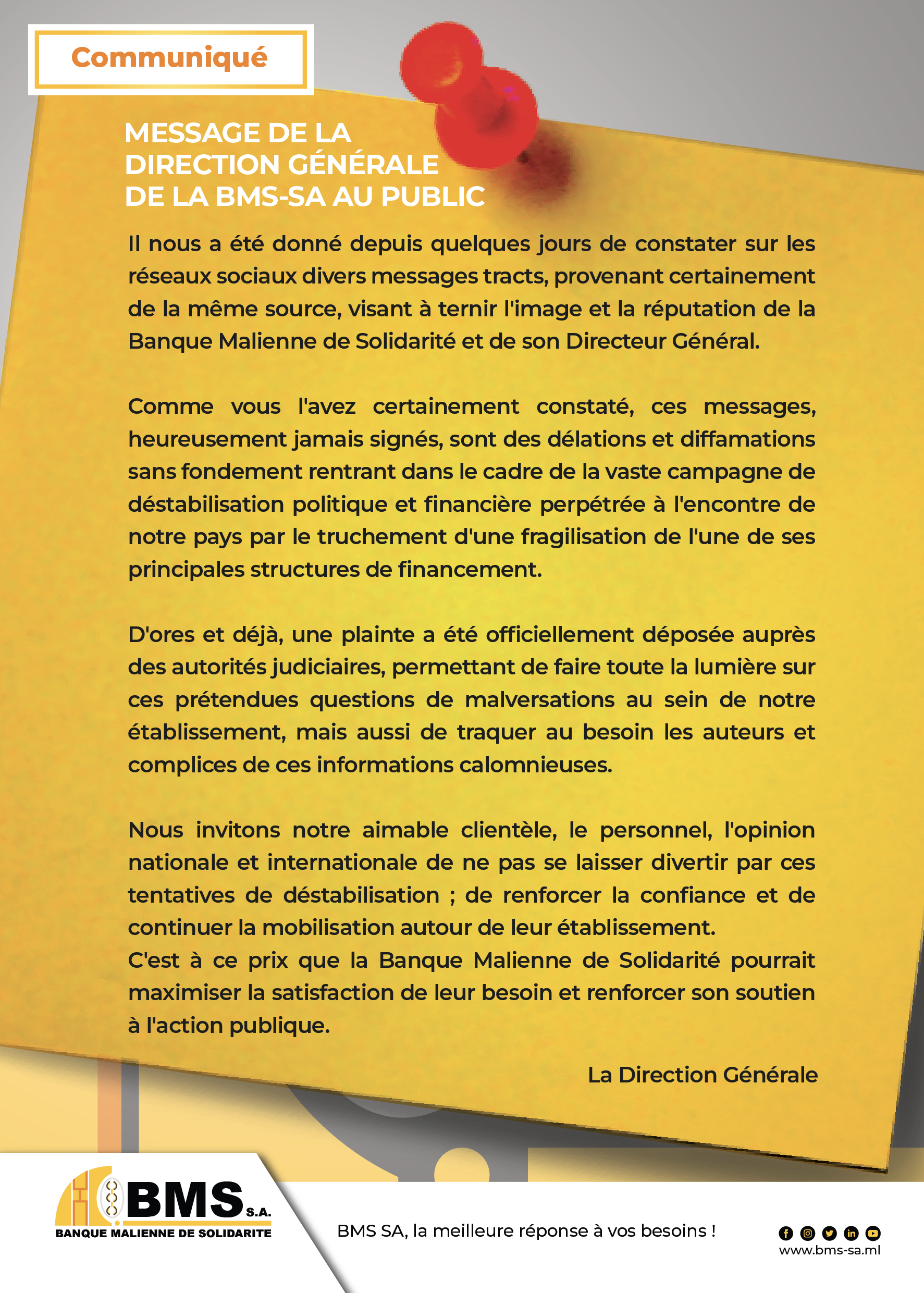 Message de la Direction Générale de la Banque Malienne de Solidarité ...